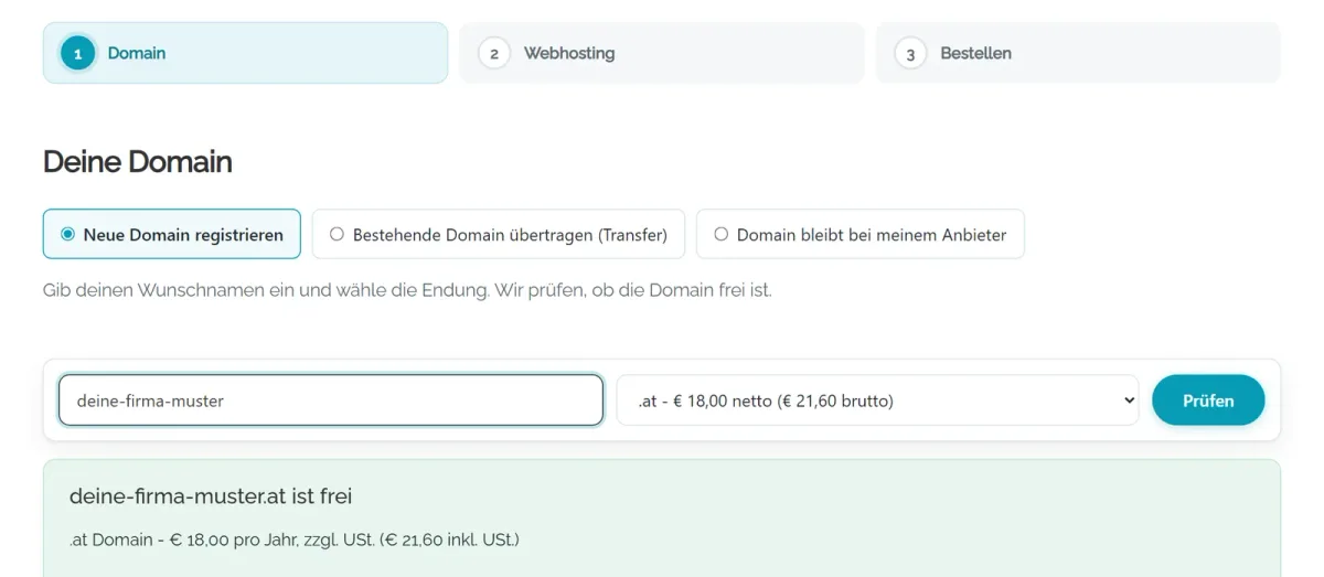 Cloudfakt Hosting auf einer Website: Schritt Domain mit Wunschname, Endung und Preis aus Cloudfakt