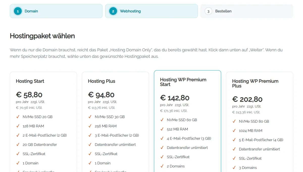 Hosting-Bestellung auf einer Website: Schritt Webhosting mit Paketen und Preisen aus Cloudfakt